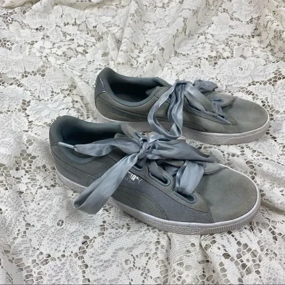 Puma Gray Suede Ribbon Trainers - Picture 3 of 6